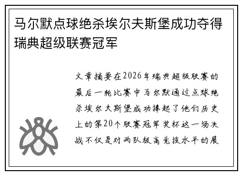 马尔默点球绝杀埃尔夫斯堡成功夺得瑞典超级联赛冠军